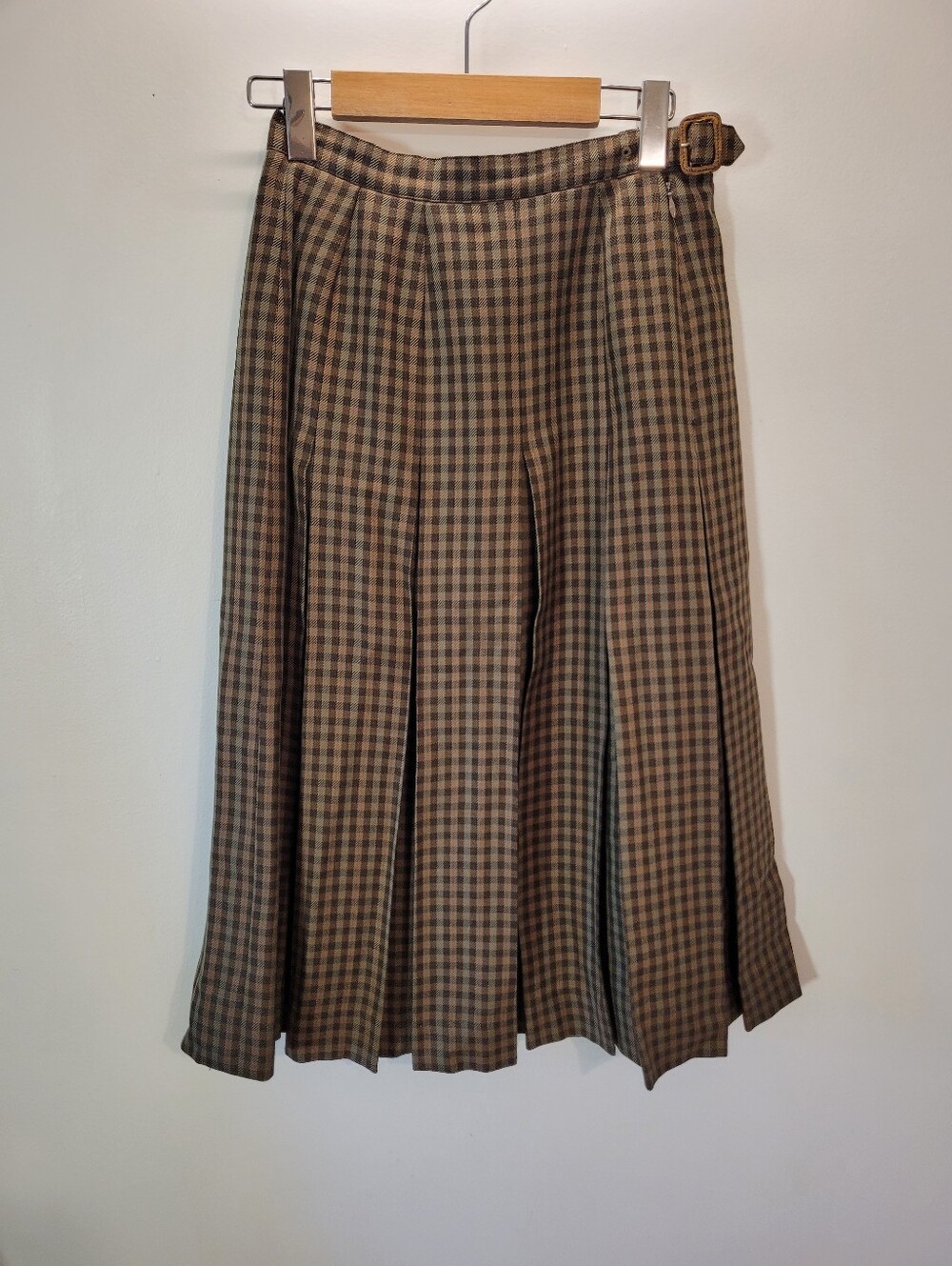 Vintage 90s BURBERRYS Tan Black Checked 100% Wool Midi Skirt - Size 25-26"